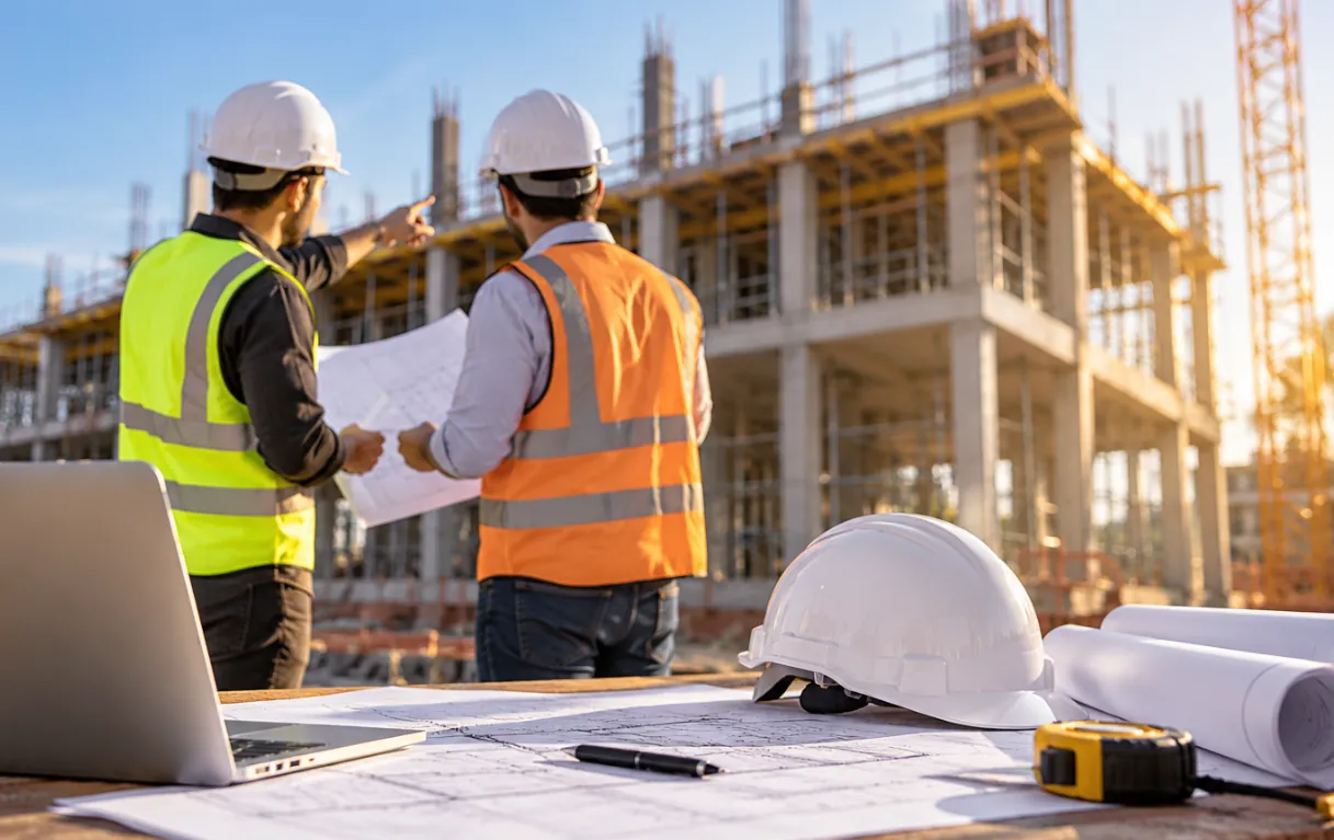 Besprechung der Baupläne vor einer Baustelle